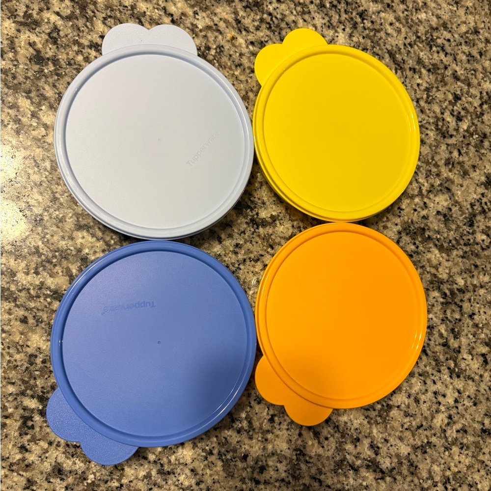 Tupperware Lid Set in Blue, Light Blue, Yellow, and Orange